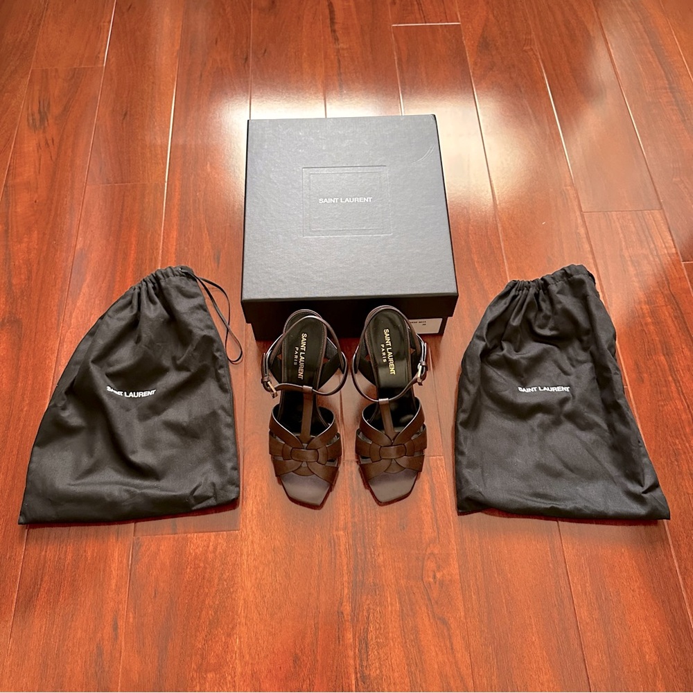 Saint Laurent Tribute Toffee Brown Woven Calf Leather High Heeled Sandals - Picture 2 of 15